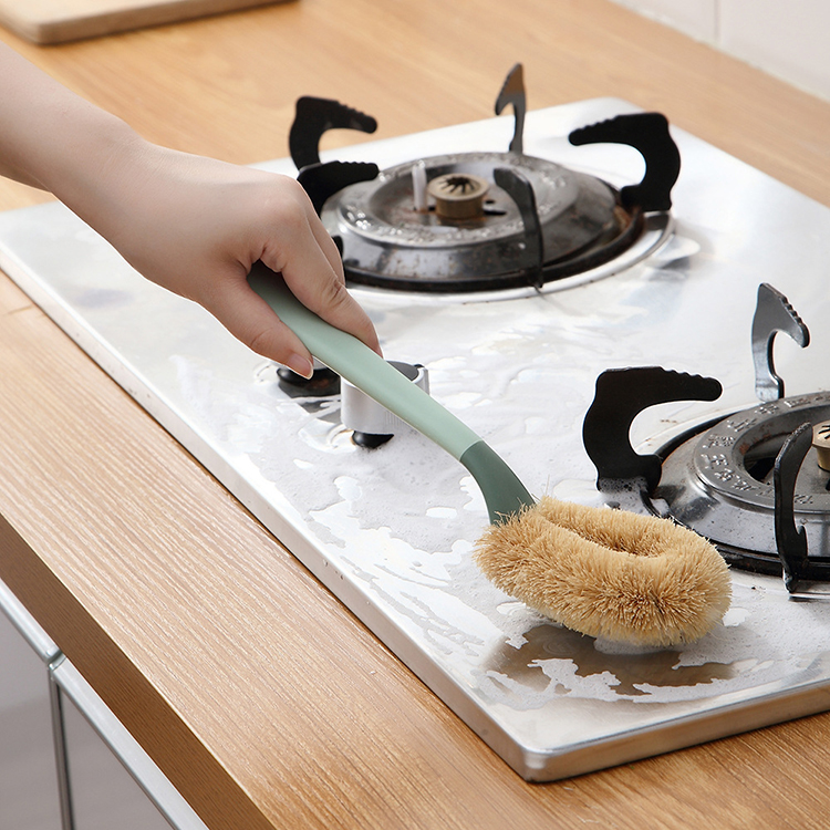 Kitchen Cleaning Tool Dish washing Brush Gas Stove Pot To Remove Oily Coconut Palm Brush Long Handle Brown Hair Pot Brus