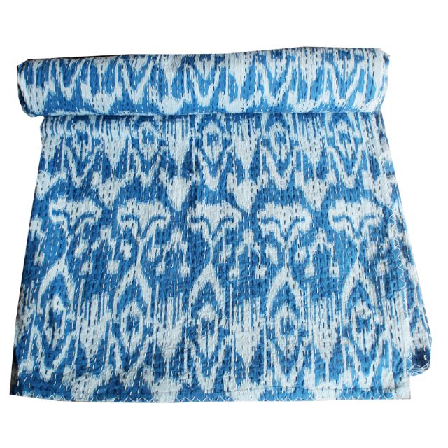  Queen Size Kantha Quilt 100% Cotton Indian Vintage Indigo Print Old Style Hand Stitched Kantha Quilts