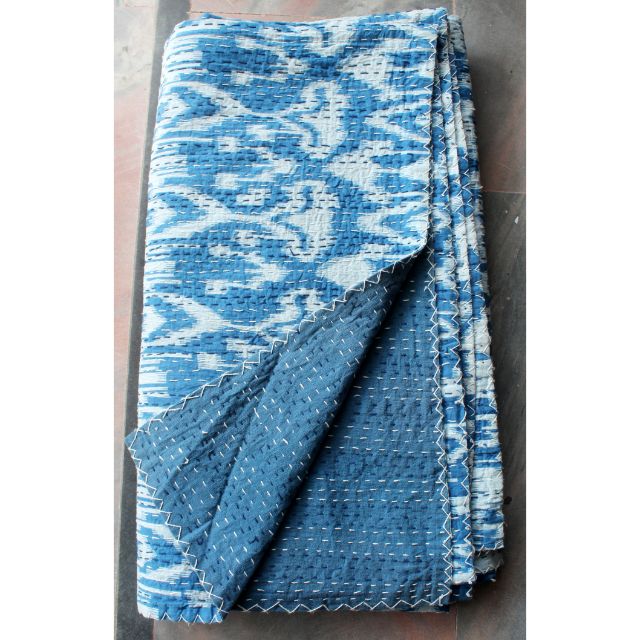  Queen Size Kantha Quilt 100% Cotton Indian Vintage Indigo Print Old Style Hand Stitched Kantha Quilts