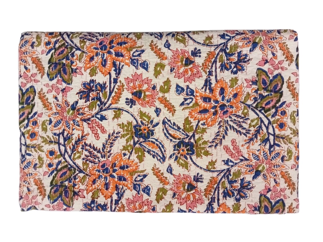 Kantha Bedspread Cotton Blanket patchwork quilt hand block printed kantha Floral Indian Hand Block Kantha Quilt