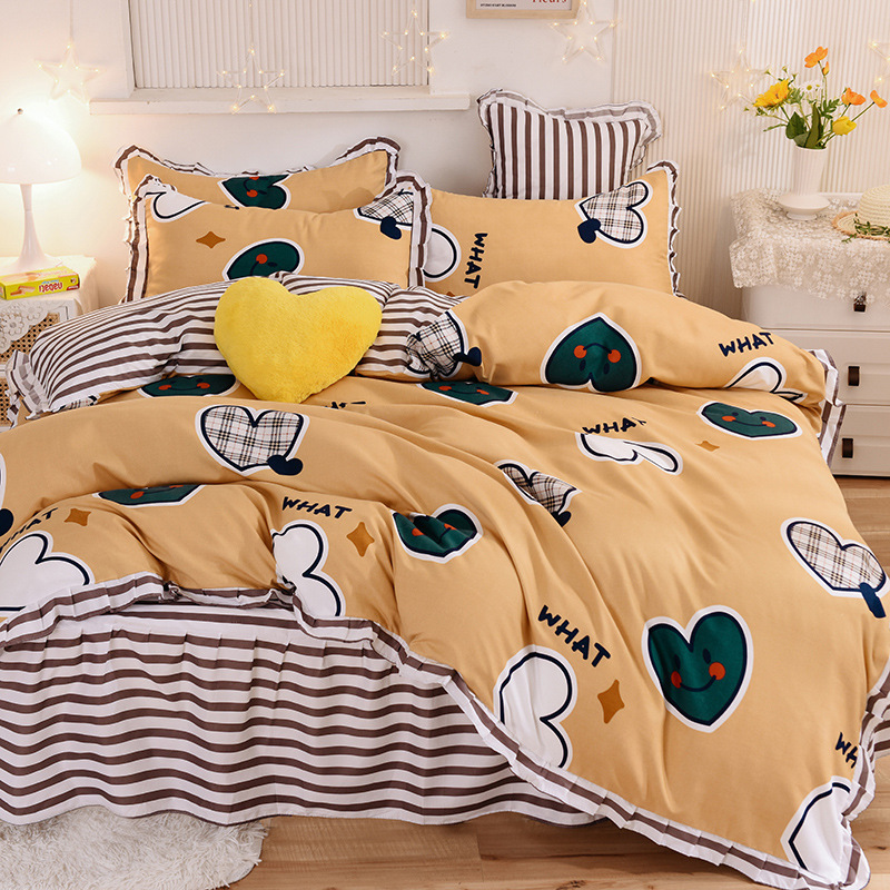 100% Cotton children Lace thickened brushed printed cashmere bed skirt four piece set