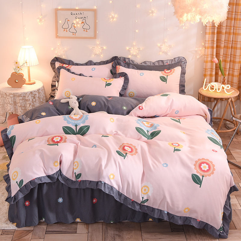 100% Cotton children Lace thickened brushed printed cashmere bed skirt four piece set