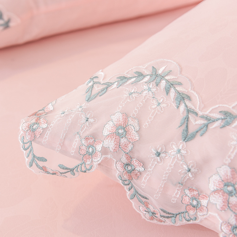 Rose Print Four-Piece skirt bed cover bed skirt Fitted pink flower bed skirt