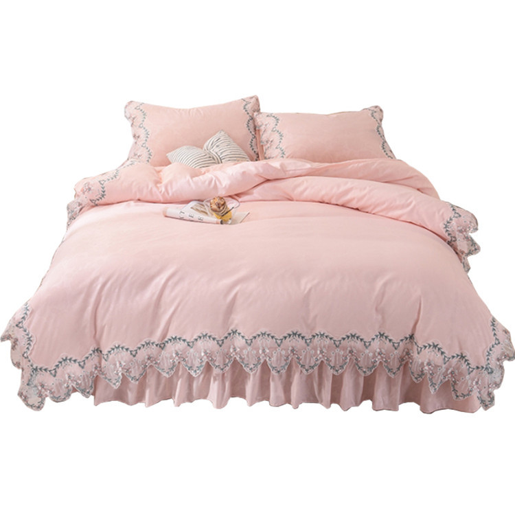 Rose Print Four-Piece skirt bed cover bed skirt Fitted pink flower bed skirt