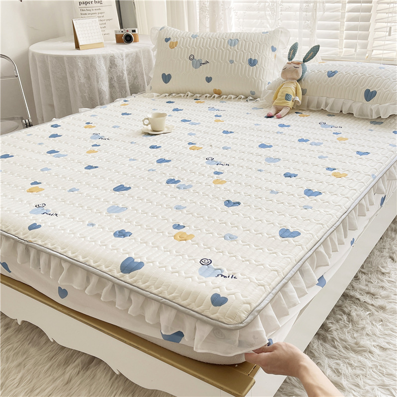 Latex mat three piece set lace ice silk mat fitted sheet bed skirt non slip mattress protective cover