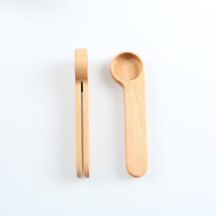Beech Wood Eco-friendly Measuring Coffee Beans Scoop Food Bag Sealer Clip Coffee Spoons
