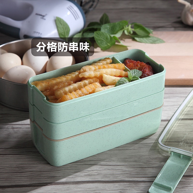 100% Food Grade Material Wheat Straw Leak Proof 3 Layer Food Container Lunch Box with spoon and fork