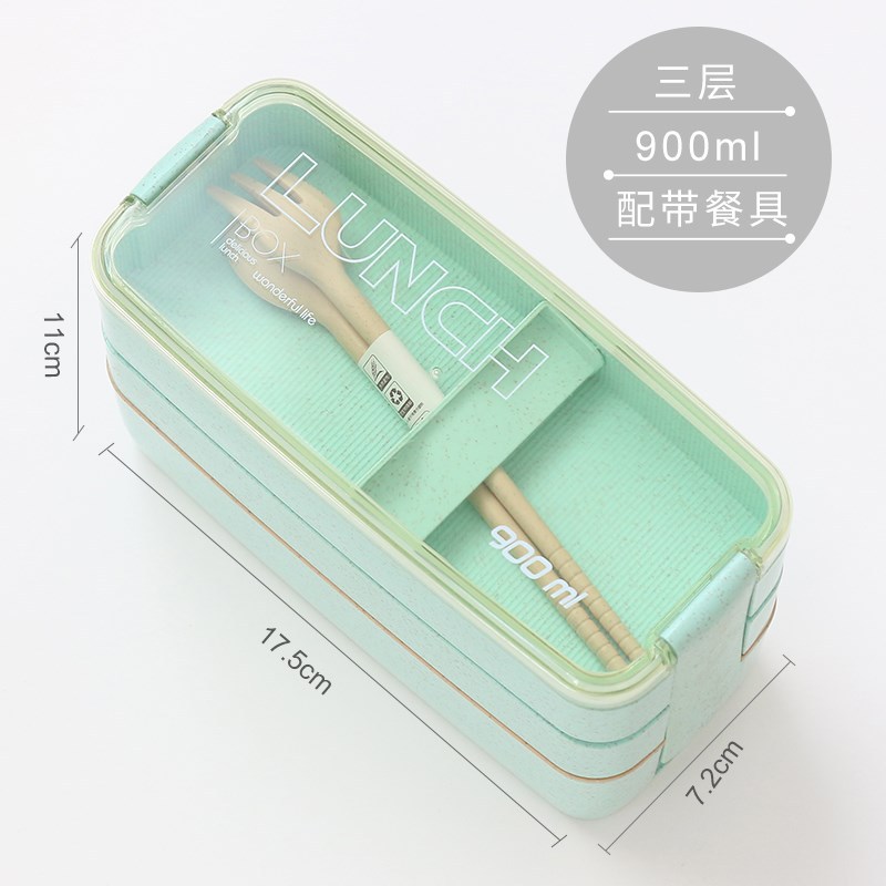 100% Food Grade Material Wheat Straw Leak Proof 3 Layer Food Container Lunch Box with spoon and fork