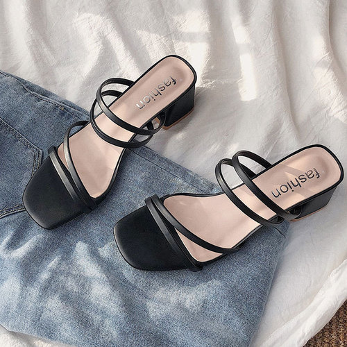 Black Thin strap Retro trend ladies sandals cozy breathable non-slip mid-heel sandals slippers designer shoes for women