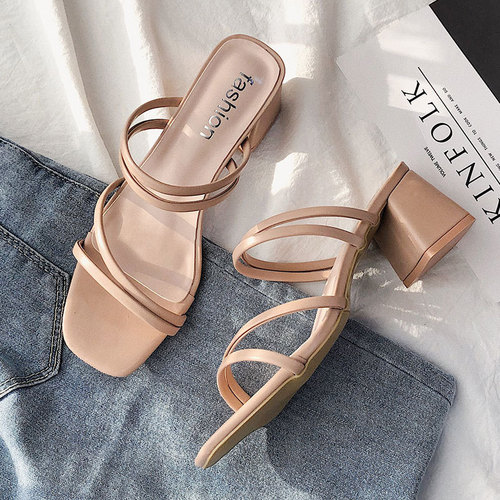 Black Thin strap Retro trend ladies sandals cozy breathable non-slip mid-heel sandals slippers designer shoes for women