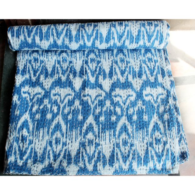  Queen Size Kantha Quilt 100% Cotton Indian Vintage Indigo Print Old Style Hand Stitched Kantha Quilts