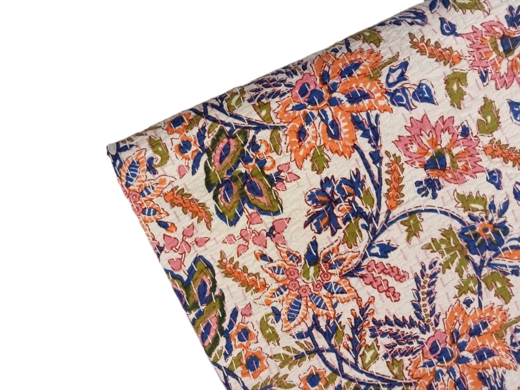 Kantha Bedspread Cotton Blanket patchwork quilt hand block printed kantha Floral Indian Hand Block Kantha Quilt