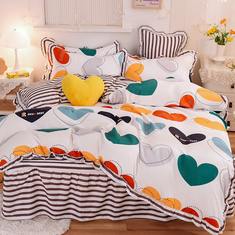 100% Cotton children Lace thickened brushed printed cashmere bed skirt four piece set