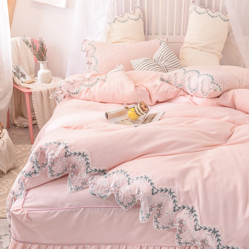 Rose Print Four-Piece skirt bed cover bed skirt Fitted pink flower bed skirt