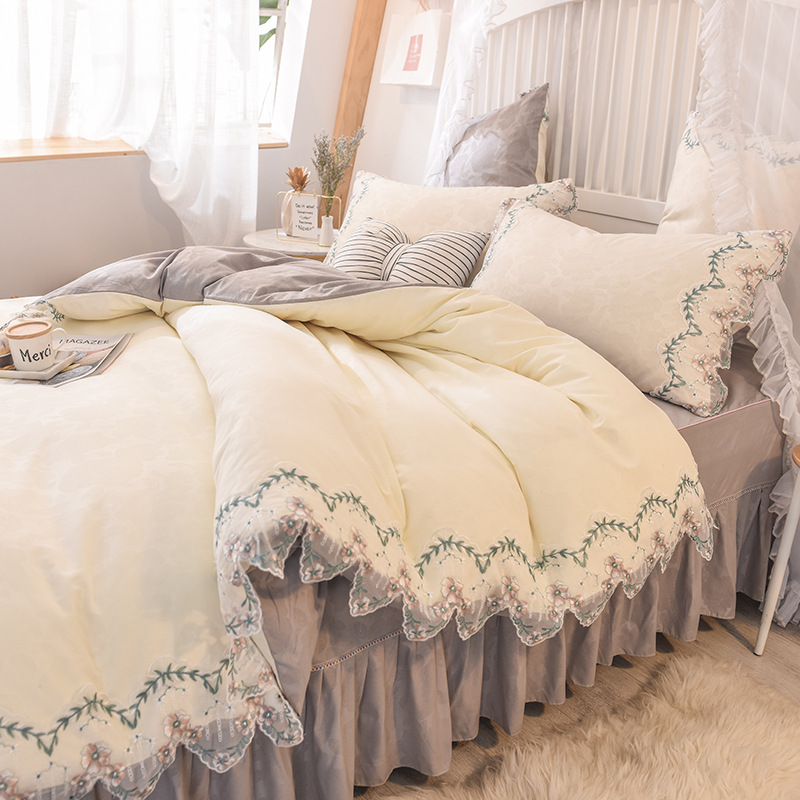 Rose Print Four-Piece skirt bed cover bed skirt Fitted pink flower bed skirt