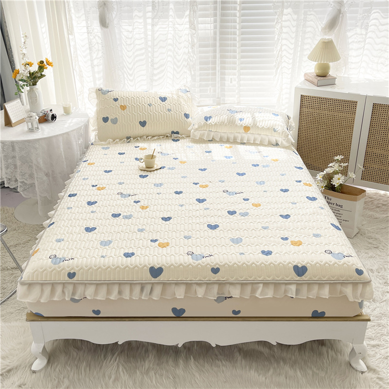 Latex mat three piece set lace ice silk mat fitted sheet bed skirt non slip mattress protective cover