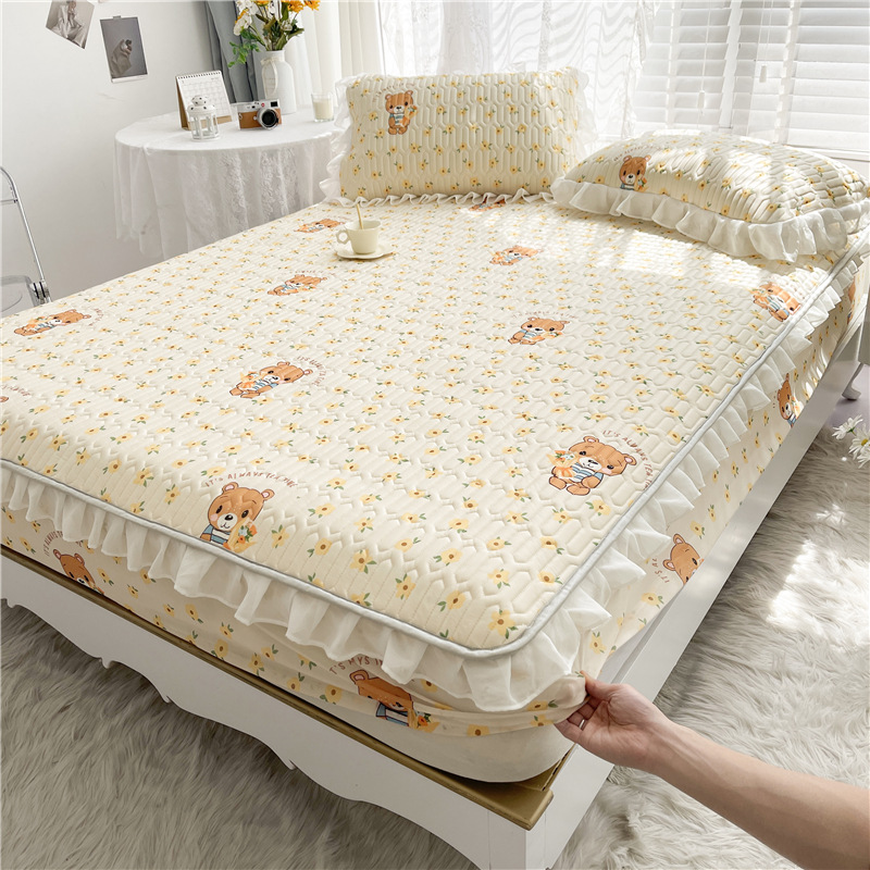 Latex mat three piece set lace ice silk mat fitted sheet bed skirt non slip mattress protective cover