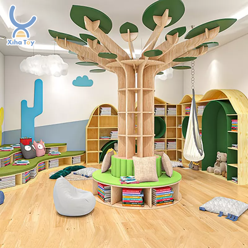 XIHA Children Library Home Furniture Acoustic Learning Tree Bookshelf For Childcare Daycare Shelves Reading Corner Room
