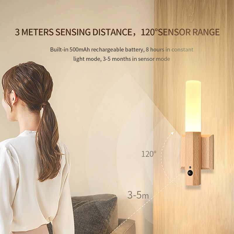 wood motion sensor led night light Magnet body sensor wooden hallway night light USB rechargeable led stairway night lig