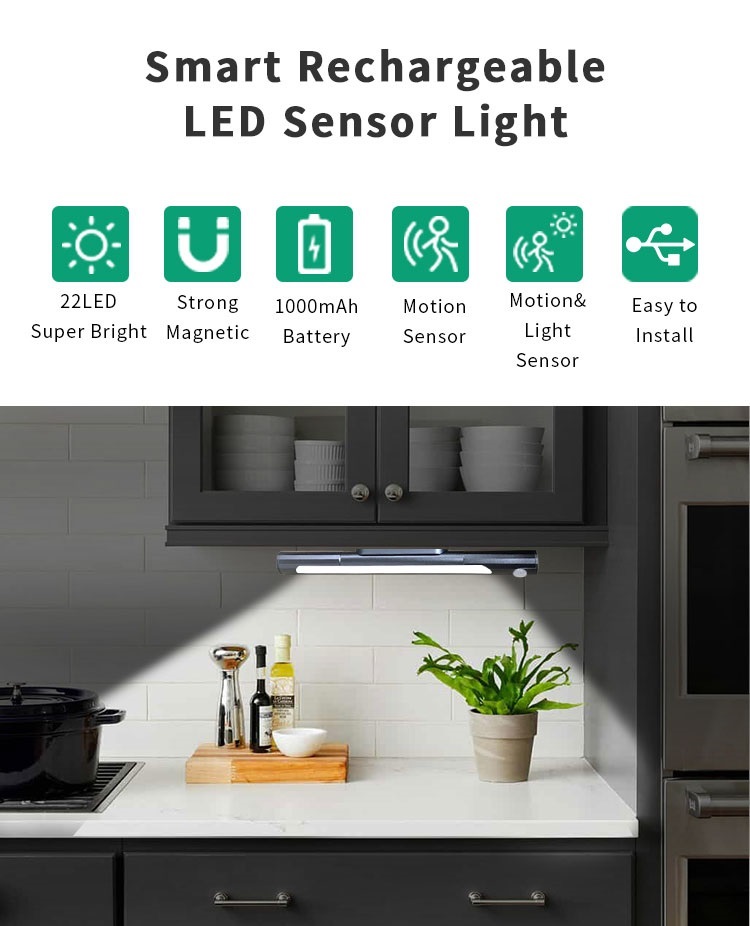 SMD2835 22LED Solar Sensor Light 1000mAh USB Rechargeable Battery Operated Switch Kitchen Lights 6000K Motion Sensor Nig