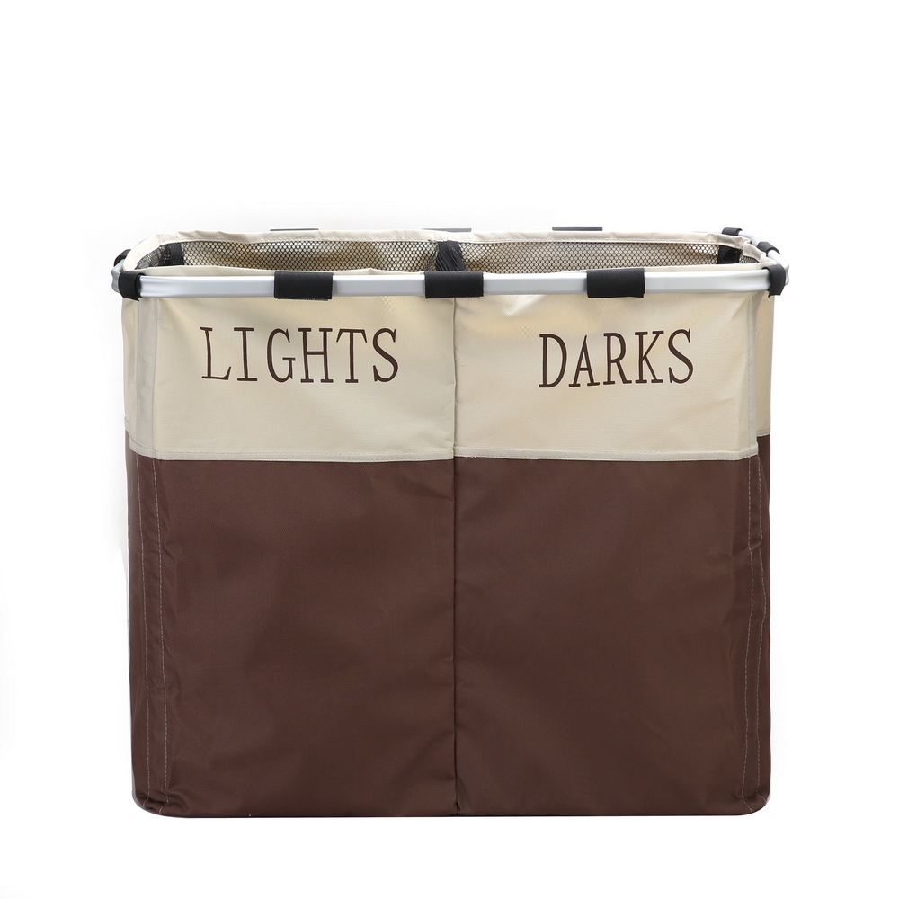 Collapsible Double Compartment Laundry Hamper - White & Brown Portable Storage