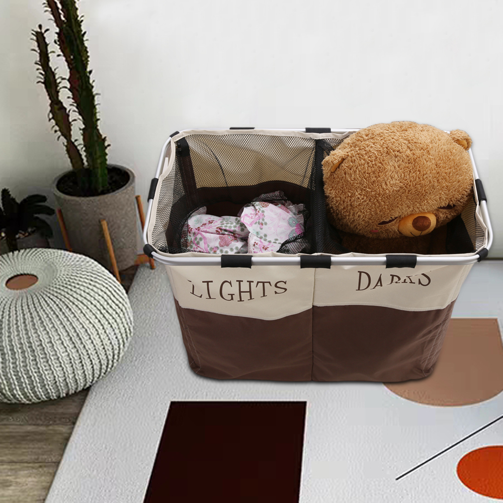 Collapsible Double Compartment Laundry Hamper - White & Brown Portable Storage