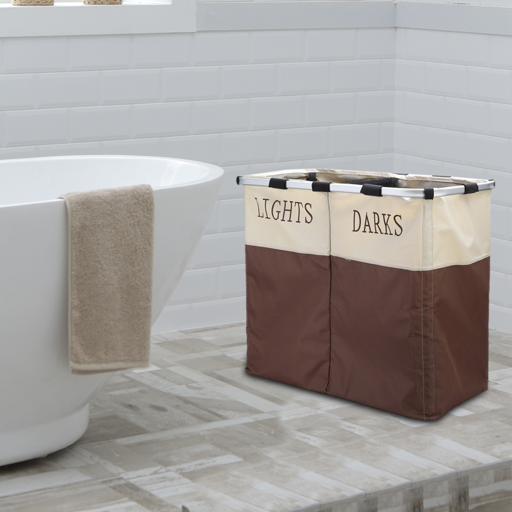 Collapsible Double Compartment Laundry Hamper - White & Brown Portable Storage