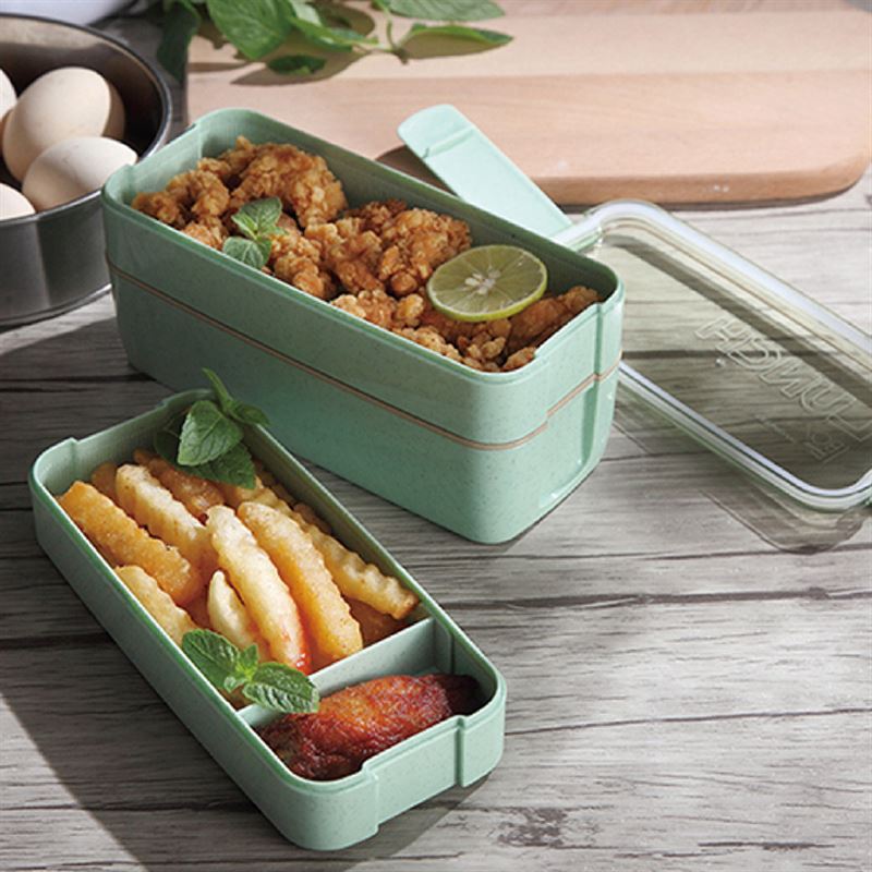 100% Food Grade Material Wheat Straw Leak Proof 3 Layer Food Container Lunch Box with spoon and fork