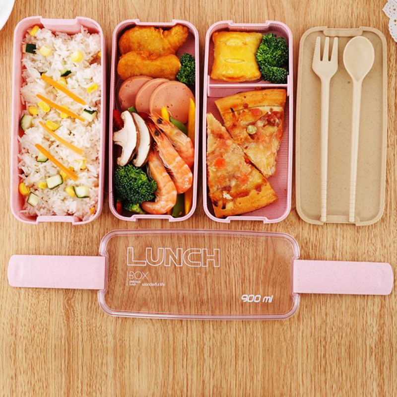 100% Food Grade Material Wheat Straw Leak Proof 3 Layer Food Container Lunch Box with spoon and fork