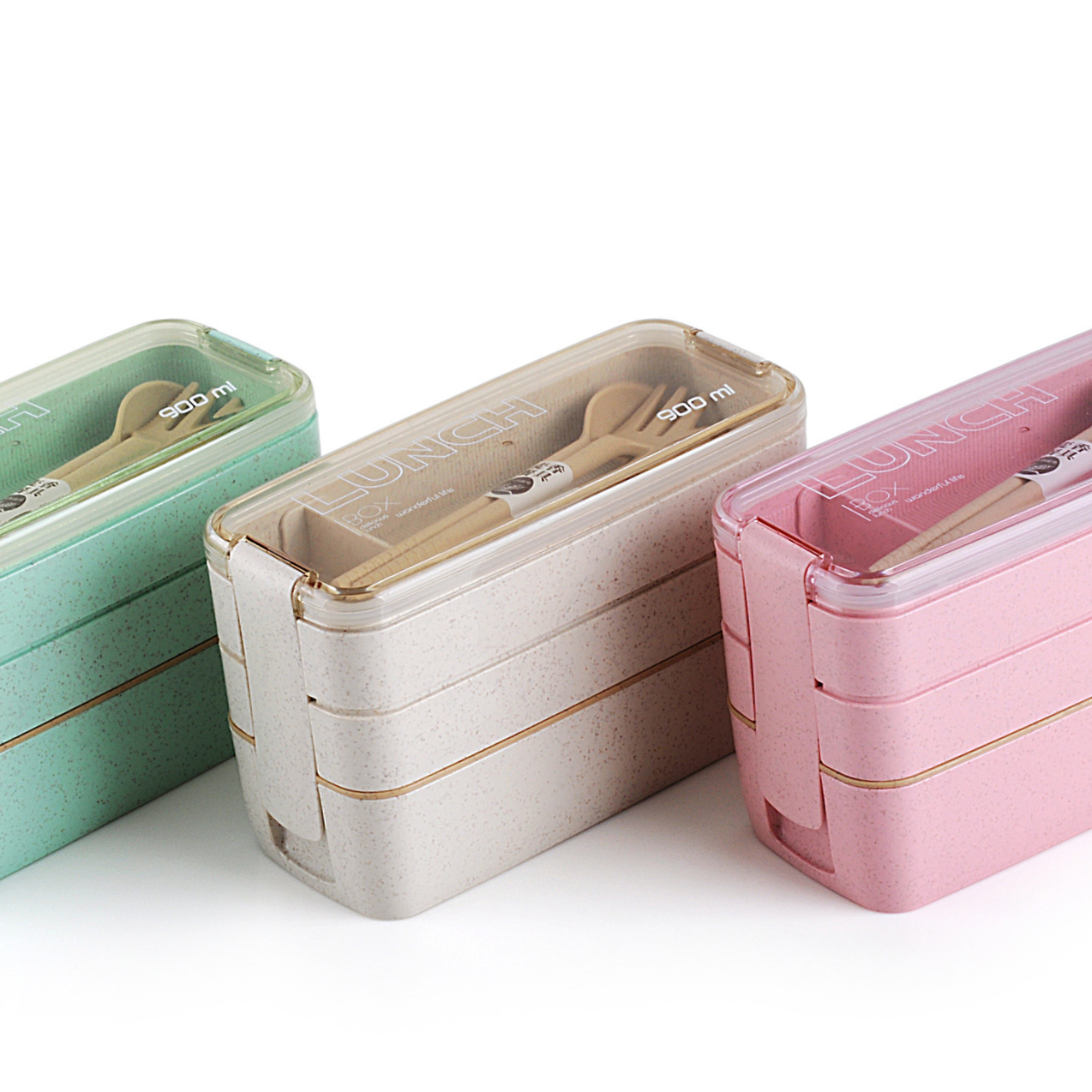 100% Food Grade Material Wheat Straw Leak Proof 3 Layer Food Container Lunch Box with spoon and fork