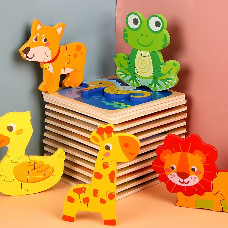 Animal Wooden Puzzles Kids Montessori Game Assembly Children Learning Educational Toys Wood 3D Jigsaw Puzzle