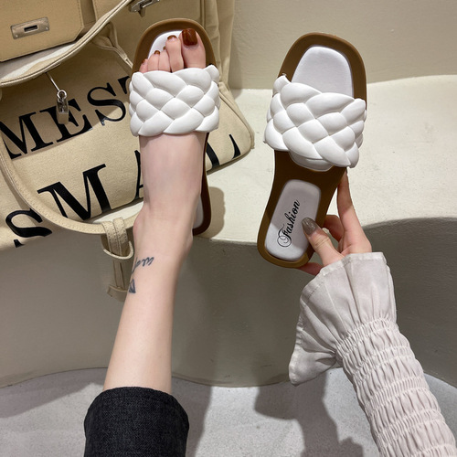 2022 Cheap Designer Fashion Summer Braid Slide Sandals for Women Square Open Toe Flat Sandals Braided Ladies Slippers an