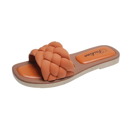 2022 Cheap Designer Fashion Summer Braid Slide Sandals for Women Square Open Toe Flat Sandals Braided Ladies Slippers an