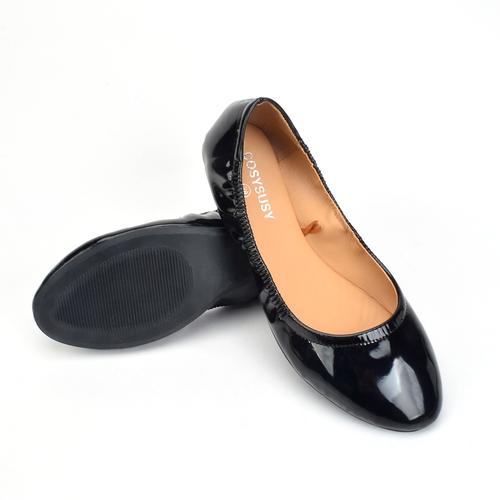 Stock High Quality Shiny PU Luxury memory foam insole ladies shoes slip on ballet casual women flat shoes