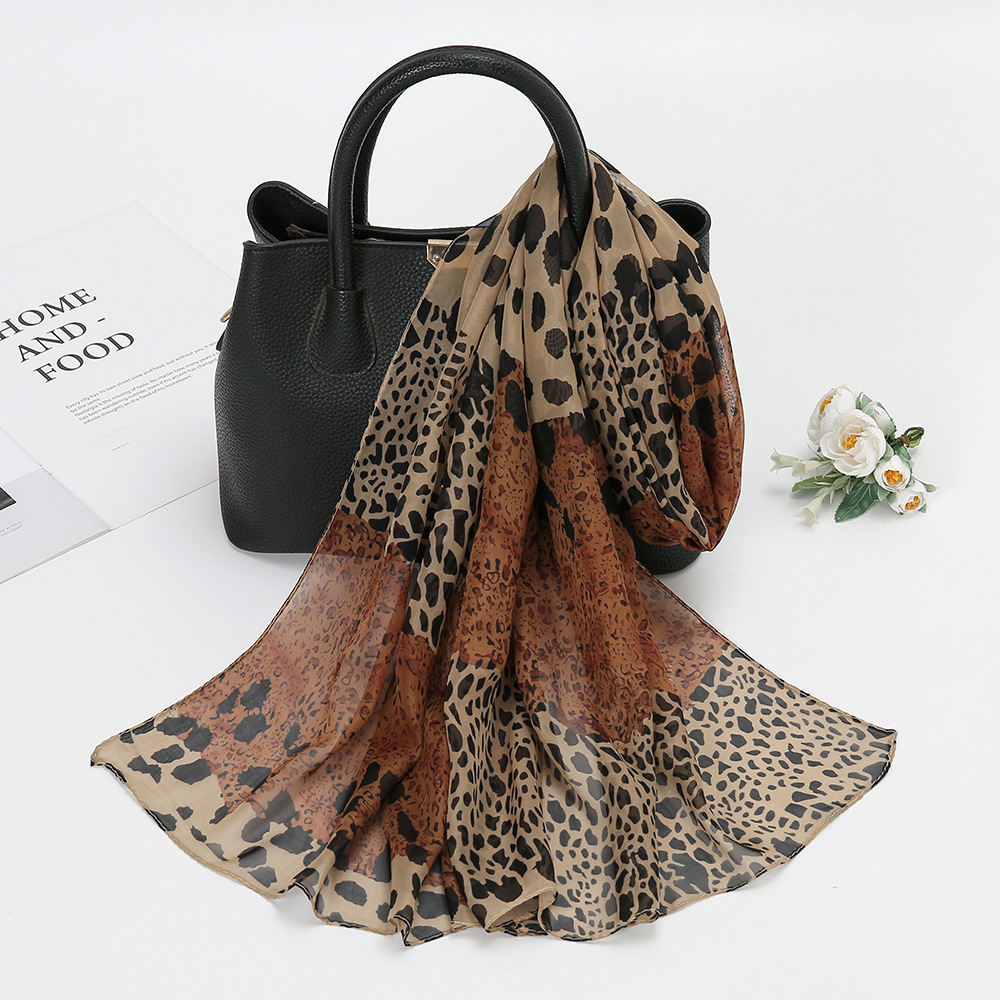 Summer Spring New leopard print stitching chiffon women's sunscreen silk scarf tulle scarf for outside