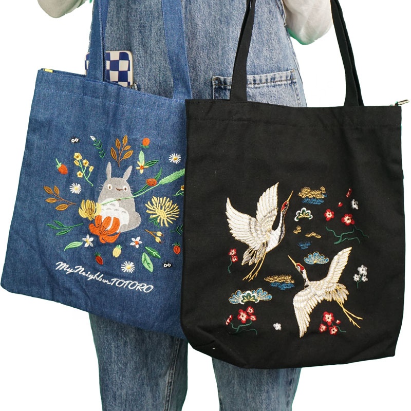 Vibrant Chinese Art Embroidered Tote Bag Colorful Cotton Canvas Handbag