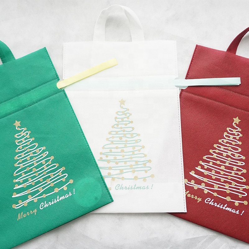 Green Red White Non-woven Christmas Tree Handle Drawstring Gift Bags
