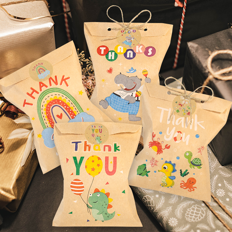 24Sets Thank You Kraft Paper Bags Cute Animal Rainbow Gift Pouch Flower Party Bag Candy Cookie Gift Paper Bag