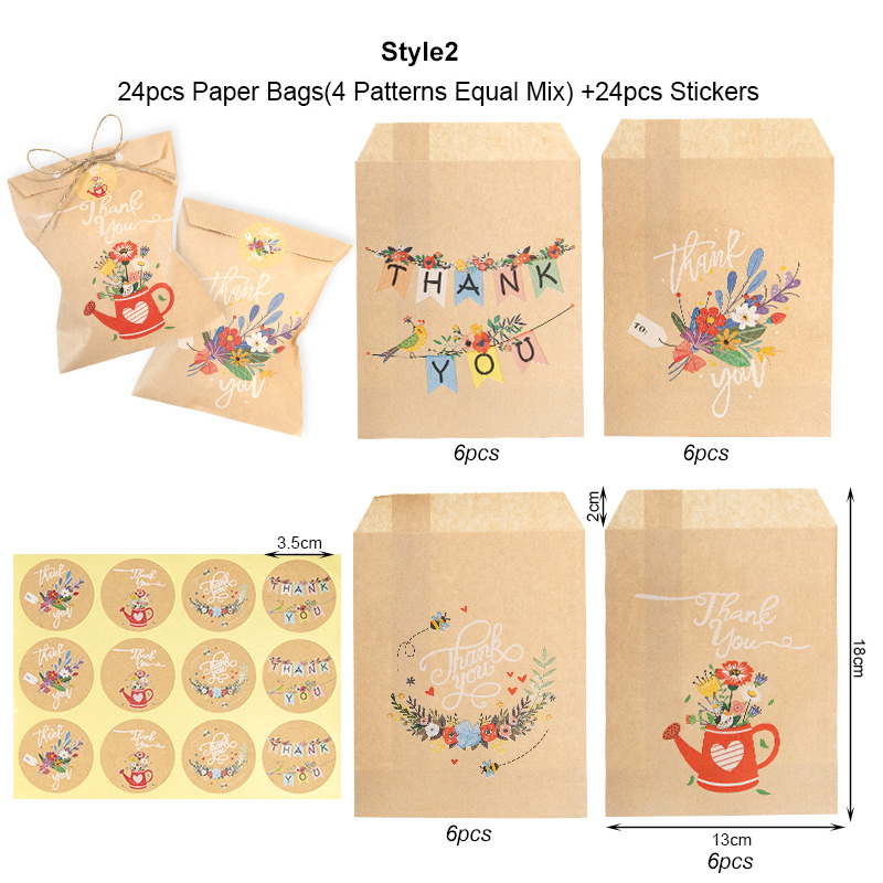 24Sets Thank You Kraft Paper Bags Cute Animal Rainbow Gift Pouch Flower Party Bag Candy Cookie Gift Paper Bag