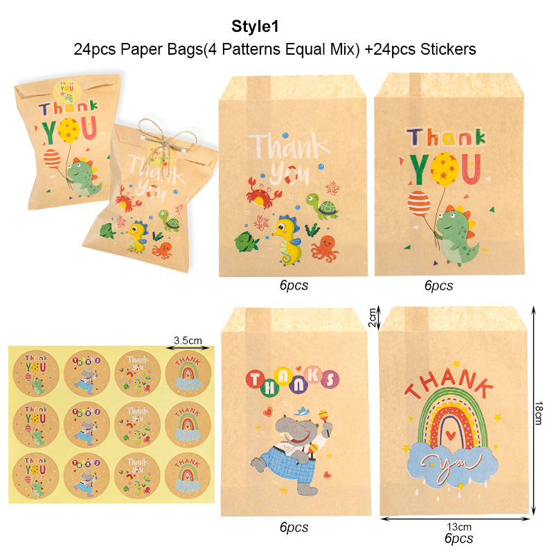 24Sets Thank You Kraft Paper Bags Cute Animal Rainbow Gift Pouch Flower Party Bag Candy Cookie Gift Paper Bag