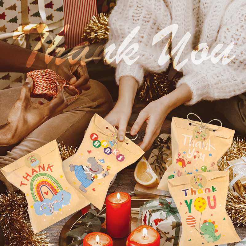 24Sets Thank You Kraft Paper Bags Cute Animal Rainbow Gift Pouch Flower Party Bag Candy Cookie Gift Paper Bag
