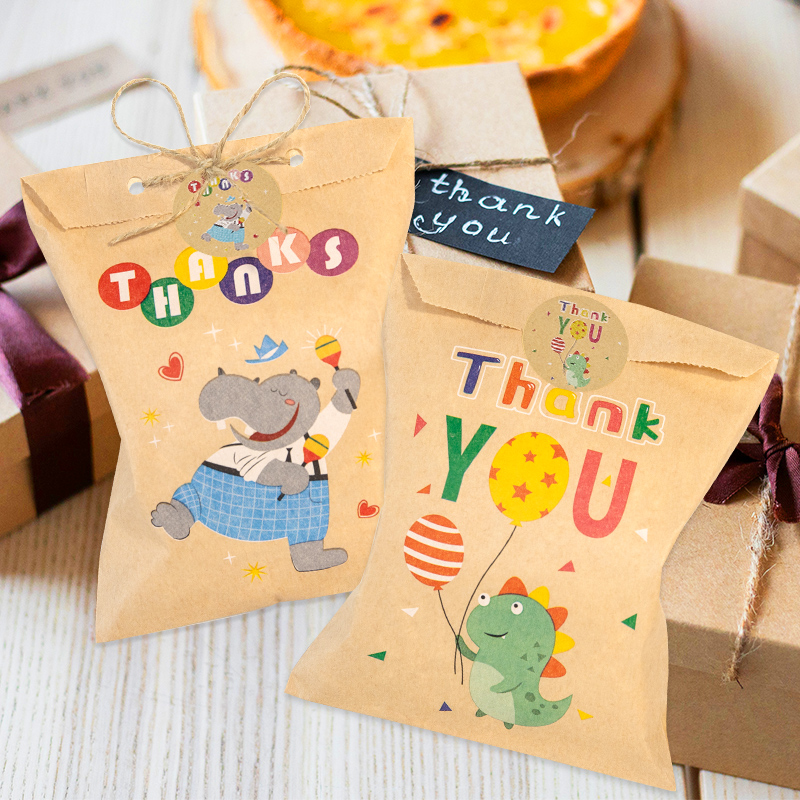 24Sets Thank You Kraft Paper Bags Cute Animal Rainbow Gift Pouch Flower Party Bag Candy Cookie Gift Paper Bag