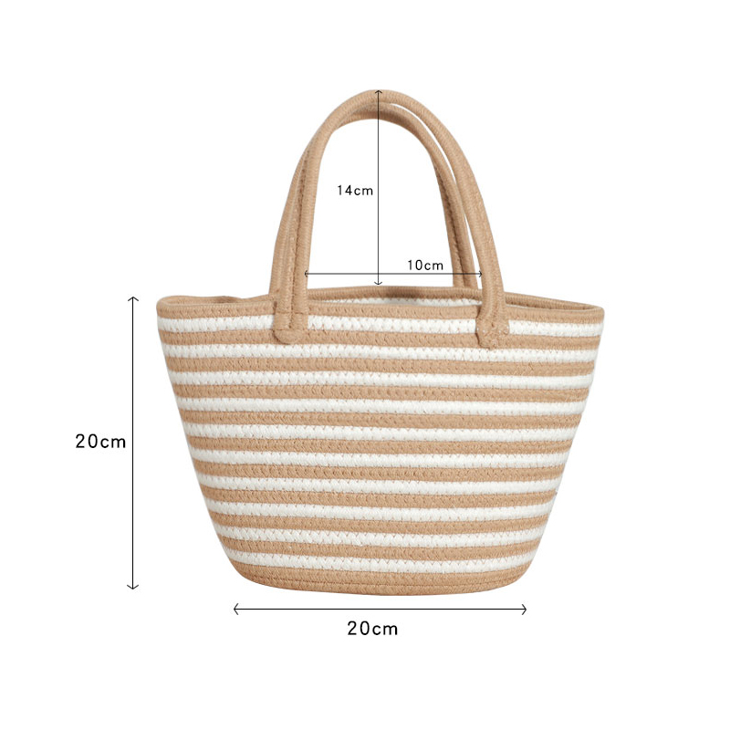 Stripe Design Handcrafted Soft Cotton Rope Shoulder Bag Women's Beach Handbag, Drawstring Basket Gift 