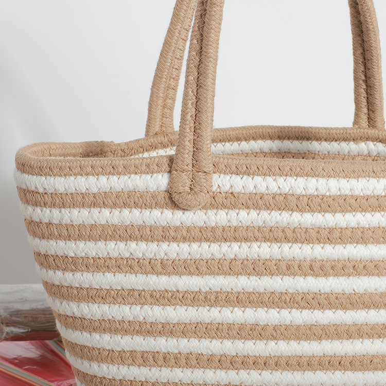 Stripe Design Handcrafted Soft Cotton Rope Shoulder Bag Women's Beach Handbag, Drawstring Basket Gift 