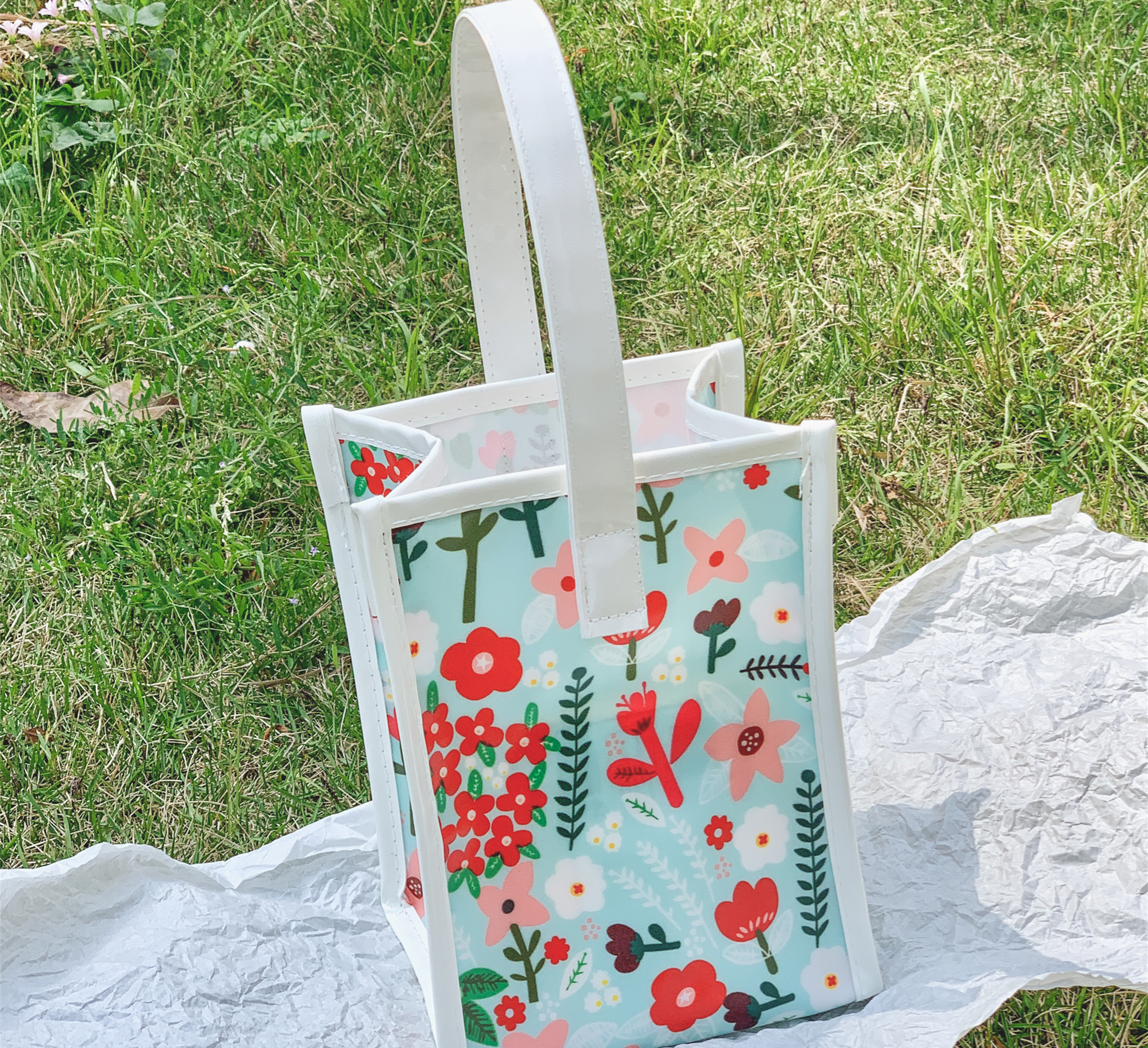 Waterproof Fully  Print Colorful  flower Summer  Gift Bag Cotton Canvas Small Kawaii Tote Bag For Girls