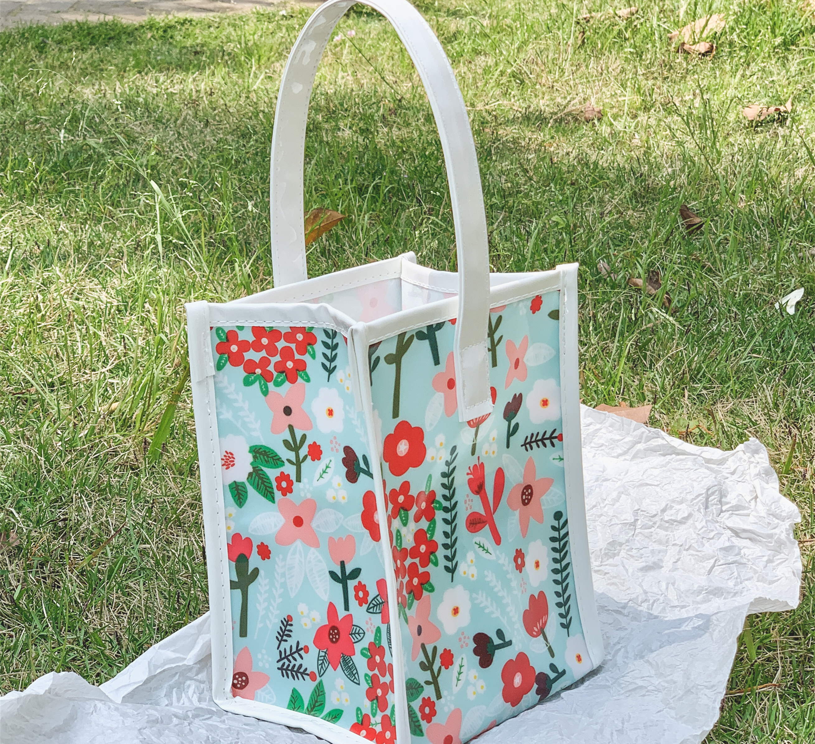 Waterproof Fully  Print Colorful  flower Summer  Gift Bag Cotton Canvas Small Kawaii Tote Bag For Girls
