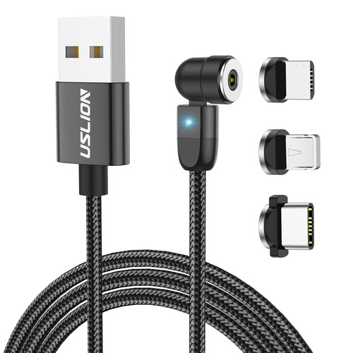 USLION 540 Degree Rotating USB Magnetic Cable Charger Mobile Phone 3 in 1 USB Cable Type C IOS Micro USB Charging Cable 