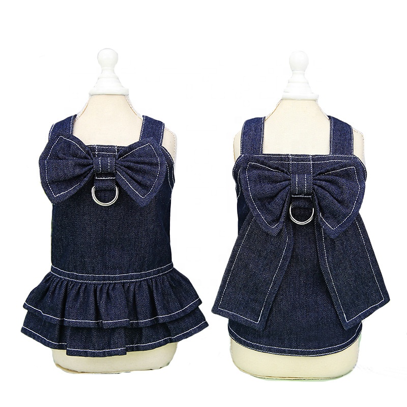 Trendy Denim Skirt & T Shirt Dog Dress Fashion Pet Harness for Small Dogs & Cats, Princess Costume for Puppy