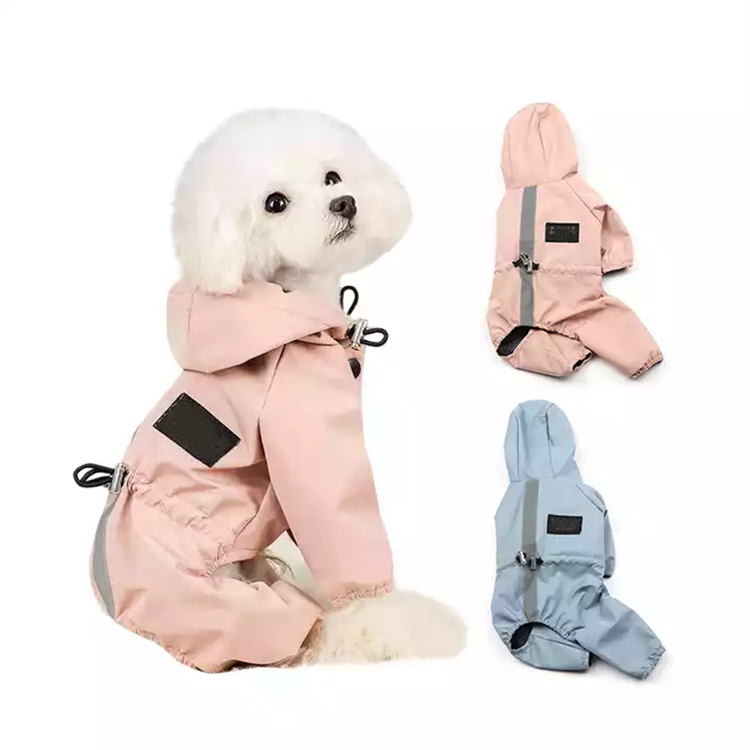 Waterproof Reflective Dog Raincoat Jumpsuit Drawstring Design, Four Legged Pet Rain Jacket with Hood