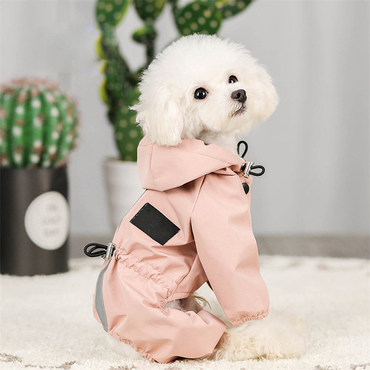Waterproof Reflective Dog Raincoat Jumpsuit Drawstring Design, Four Legged Pet Rain Jacket with Hood